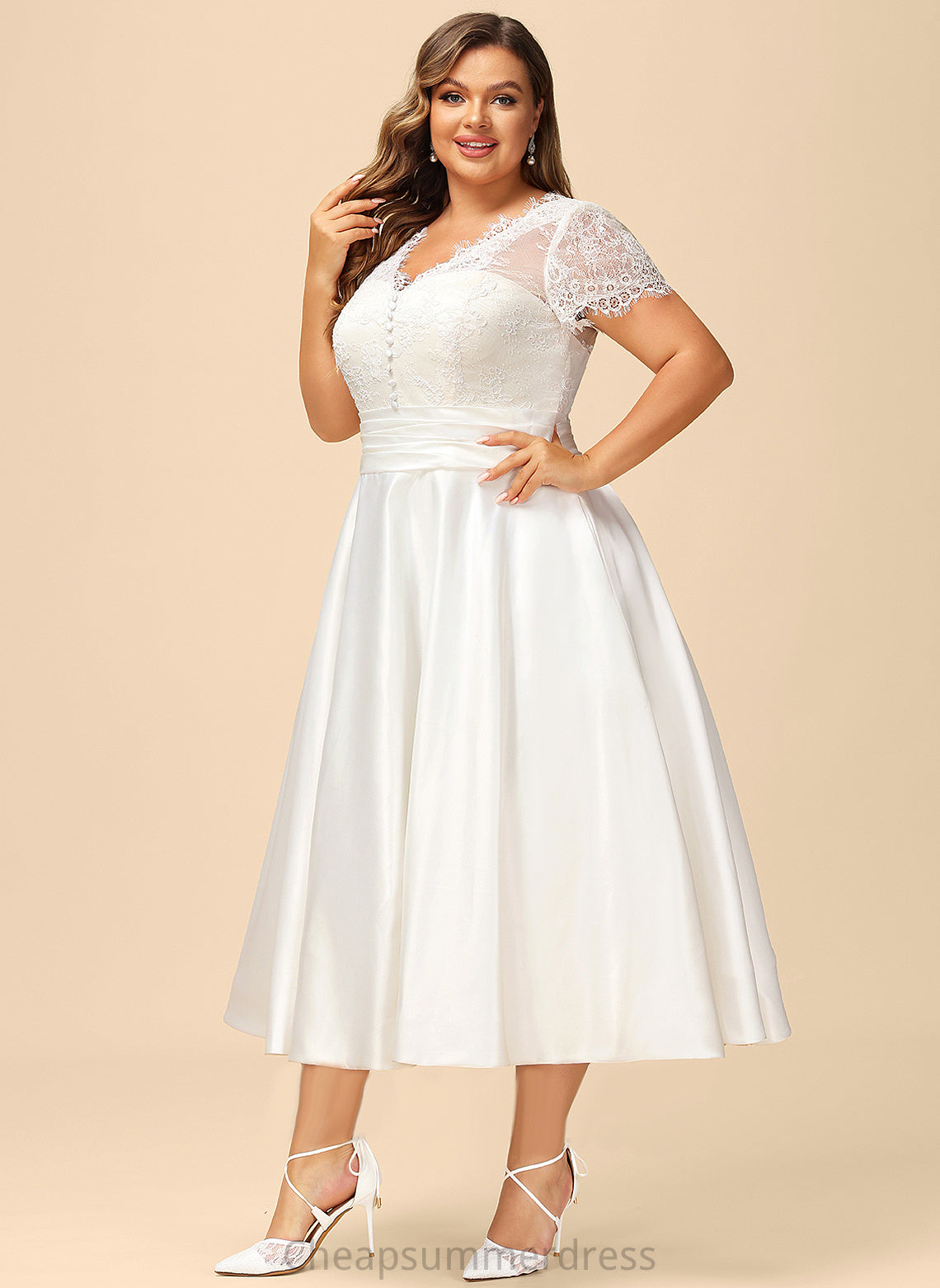 Wedding Lace Journey A-Line Ruffle Wedding Dresses Dress With Tea-Length Satin V-neck