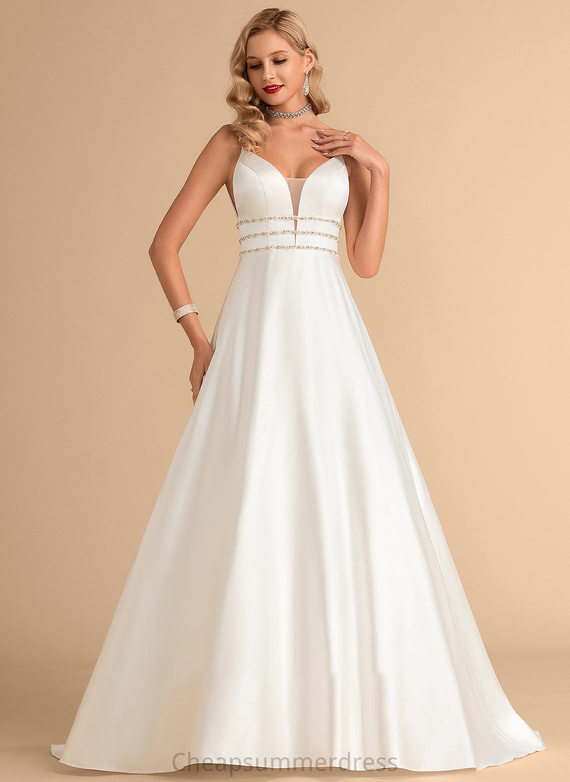 With Wedding Dresses Ball-Gown/Princess V-neck Train Averi Sweep Dress Wedding Beading Satin