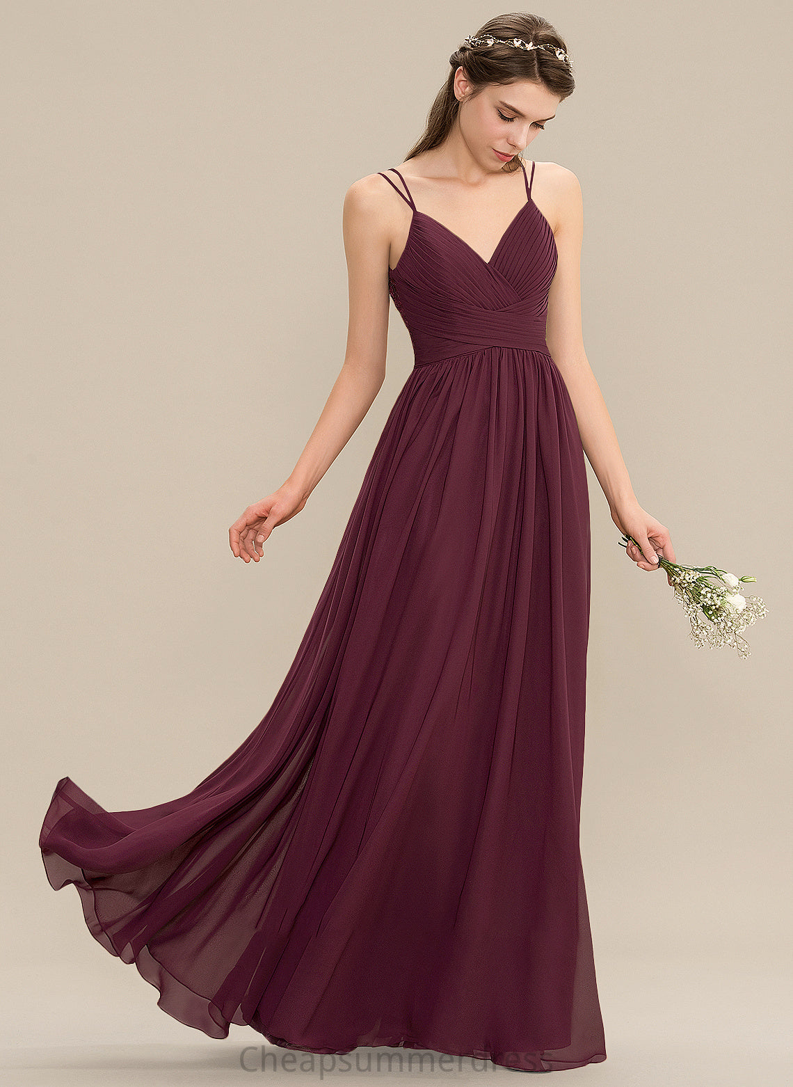 With Ruffle Makena V-neck Lace Prom Dresses Floor-Length A-Line Chiffon