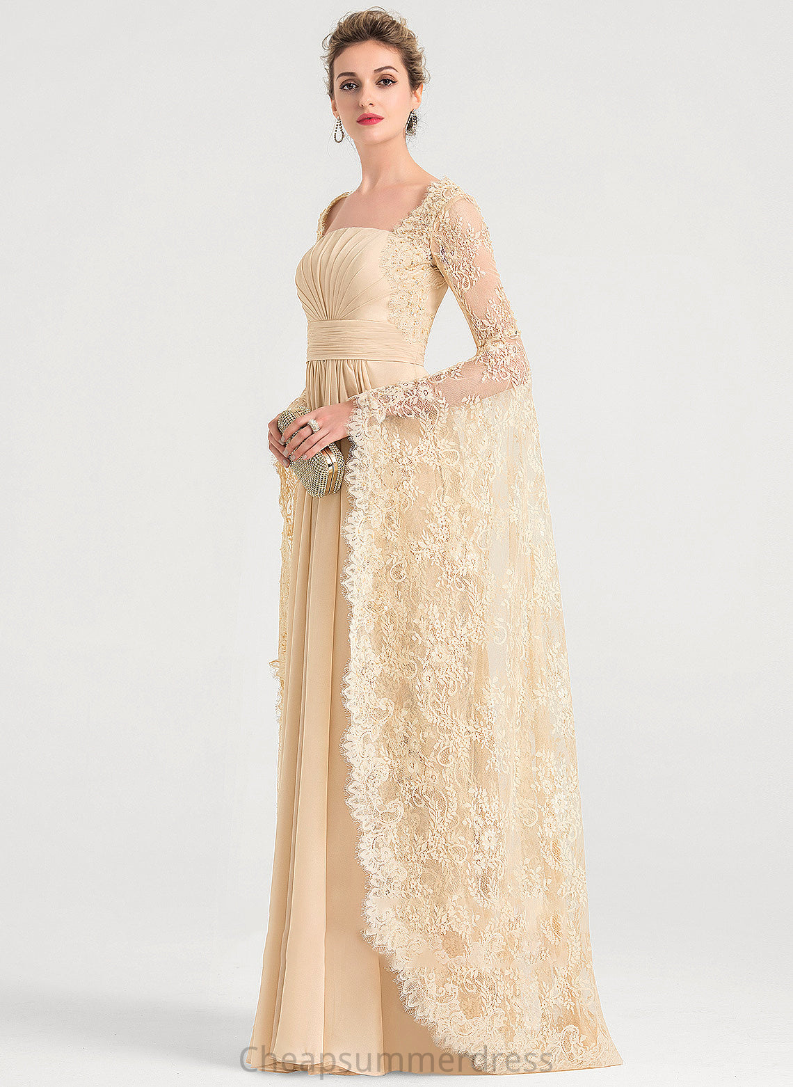 Chiffon Ruffle Wedding Neckline Floor-Length Wedding Dresses With Beading Alanna Square Dress A-Line