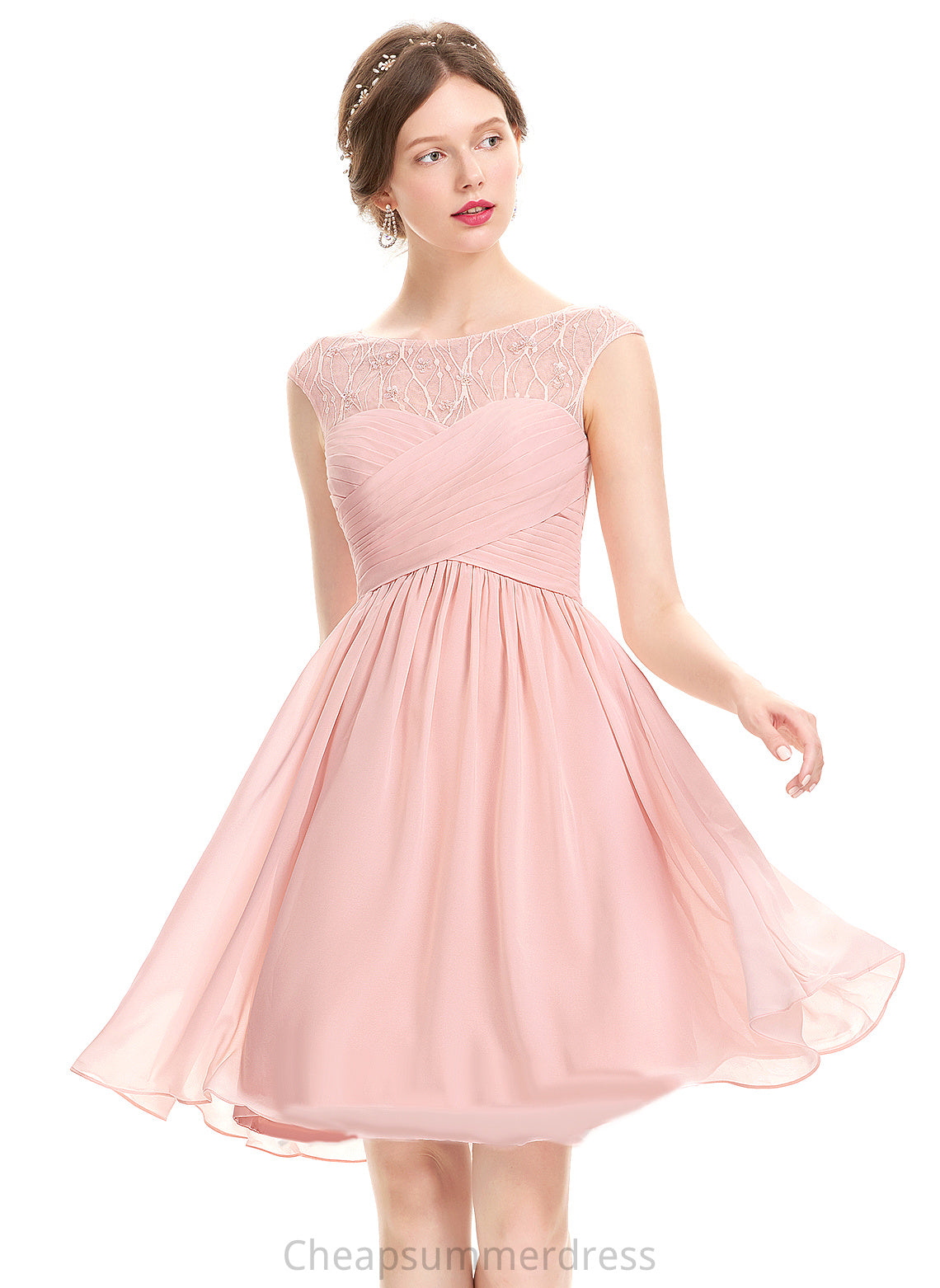 With Sequins Ruffle Fatima Lace Beading A-Line Knee-Length Chiffon Scoop Prom Dresses Neck