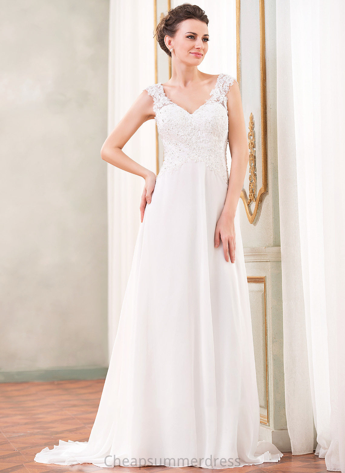 Lace Beading Train Dress Chiffon V-neck Sweep Wedding Dresses A-Line With Beryl Wedding Sequins