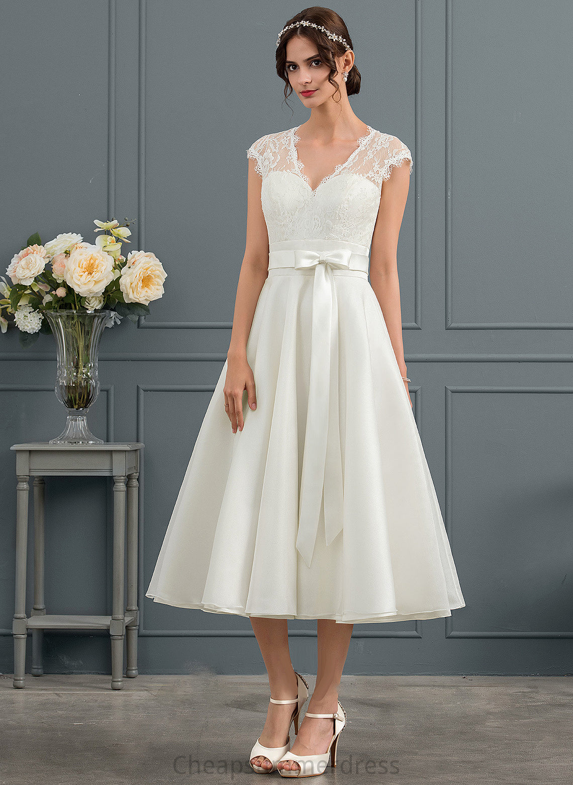 Dress A-Line Wedding Wedding Dresses Tea-Length Bow(s) Monique With Satin V-neck