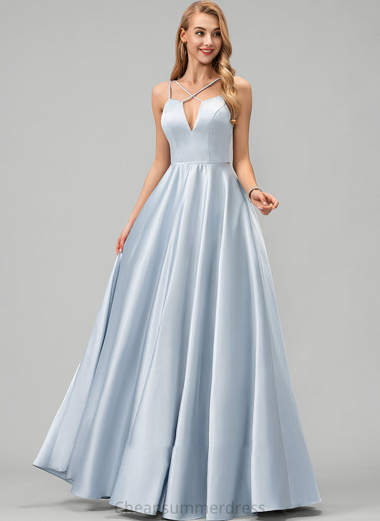 V-neck Floor-Length Areli Prom Dresses Satin A-Line