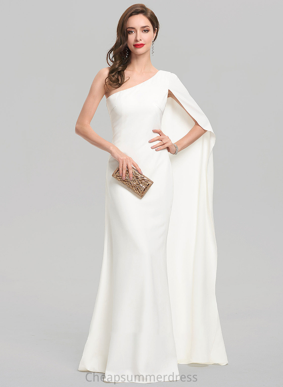One-Shoulder Floor-Length Crepe Wedding Dresses Wedding Dress Sheath/Column Maya Stretch