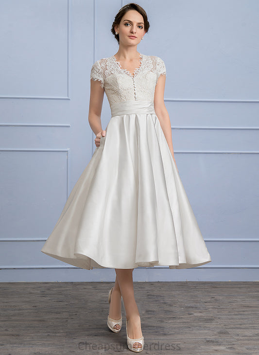 Wedding Lace Journey A-Line Ruffle Wedding Dresses Dress With Tea-Length Satin V-neck