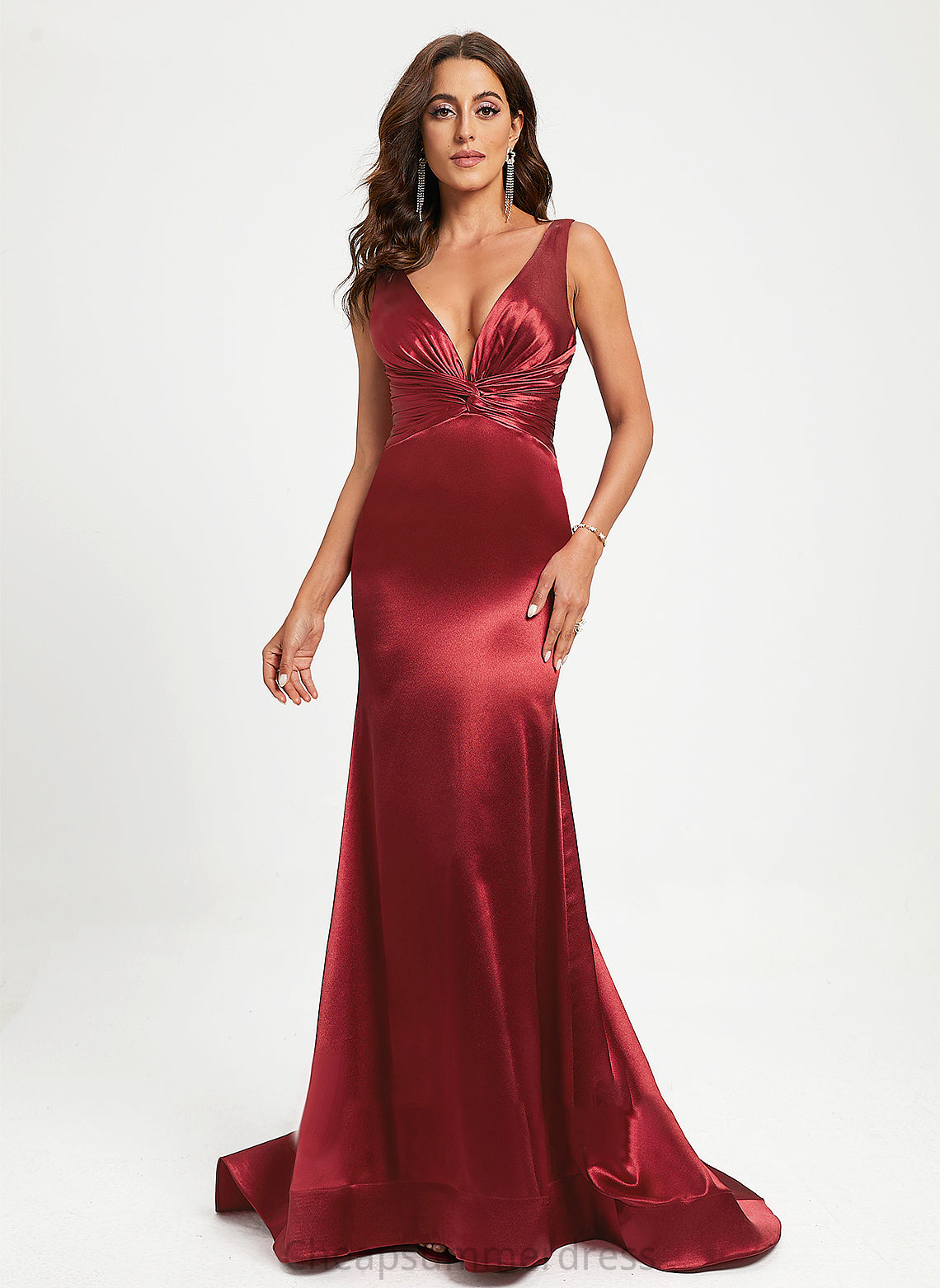 V-neck Prom Dresses With Train Pleated Averie Sweep Trumpet/Mermaid Satin