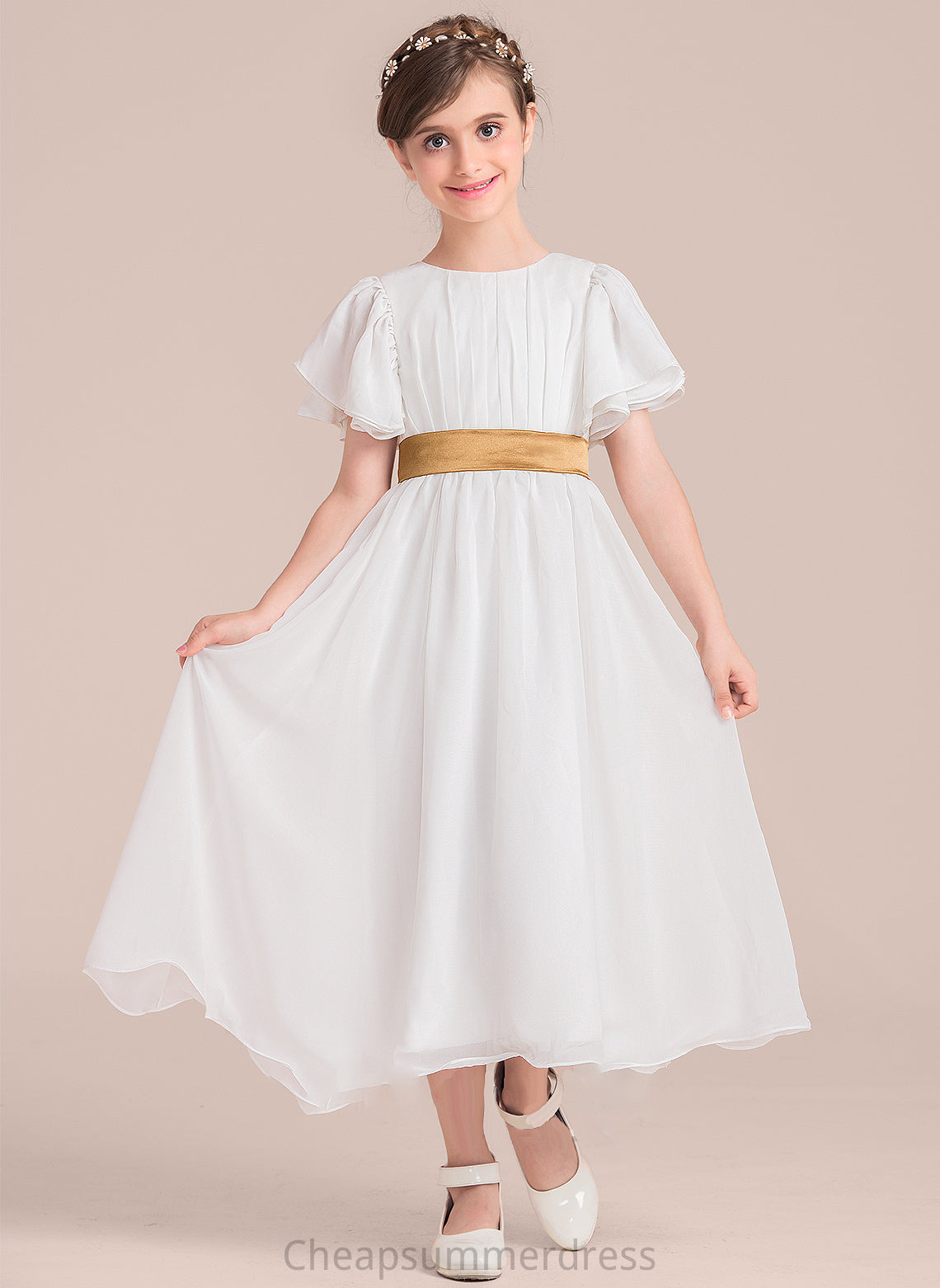 Scoop Junior Bridesmaid Dresses Chiffon Sash Ruffle Krystal Tea-Length With A-Line Neck