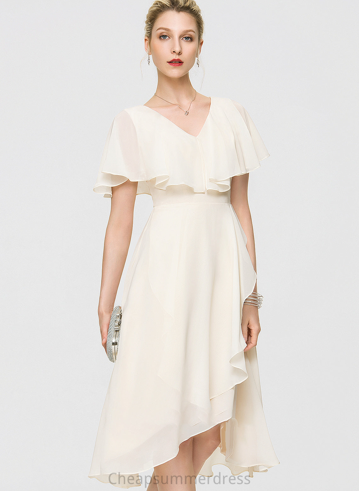 Chiffon Bow(s) Dress Cascading Ruffles With Wedding Dresses Wedding Asymmetrical V-neck Eliza A-Line
