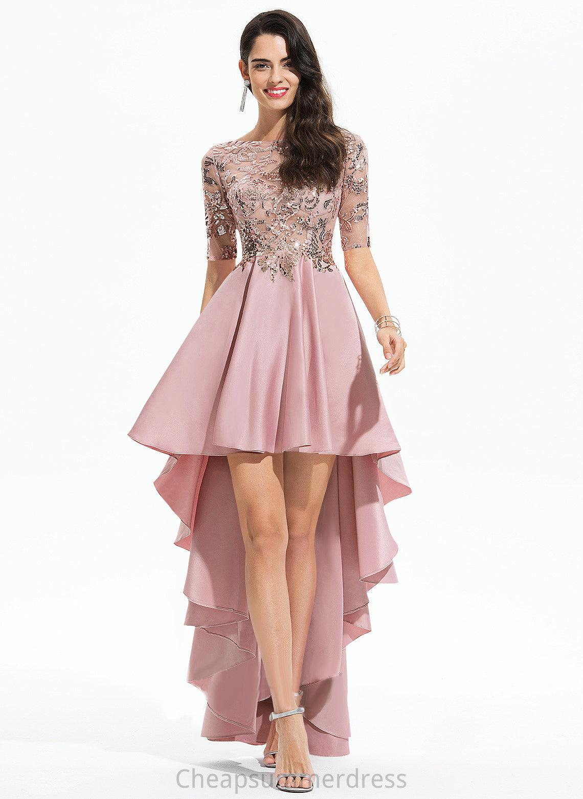 Sequins Asymmetrical Scoop A-Line Neck Renee Satin With Lace Prom Dresses