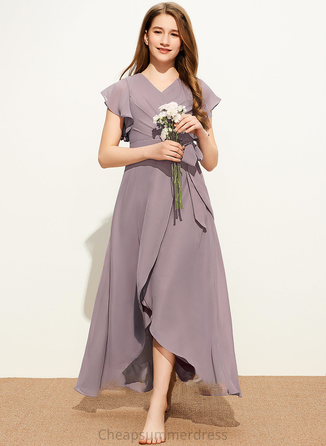 A-Line Junior Bridesmaid Dresses Anabel Bow(s) Ruffle V-neck Chiffon Asymmetrical With