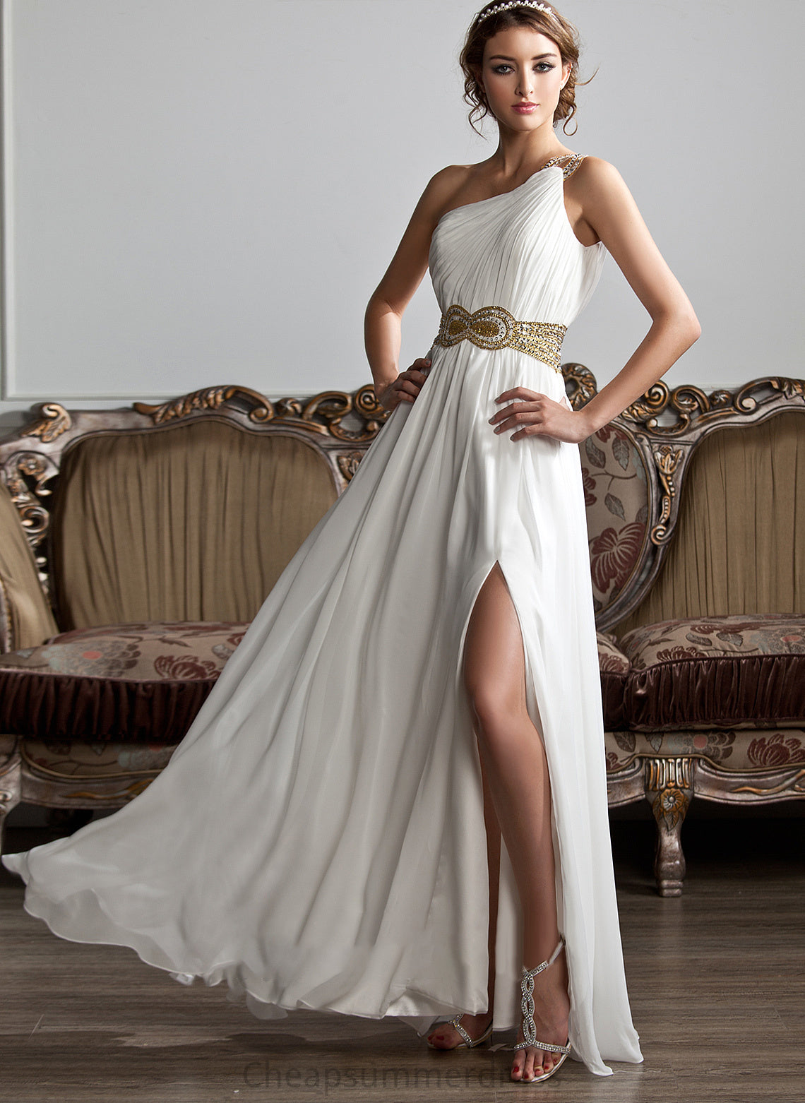 Ruffle Prom Dresses Floor-Length A-Line Beading Front Chiffon Sequins Split One-Shoulder With London