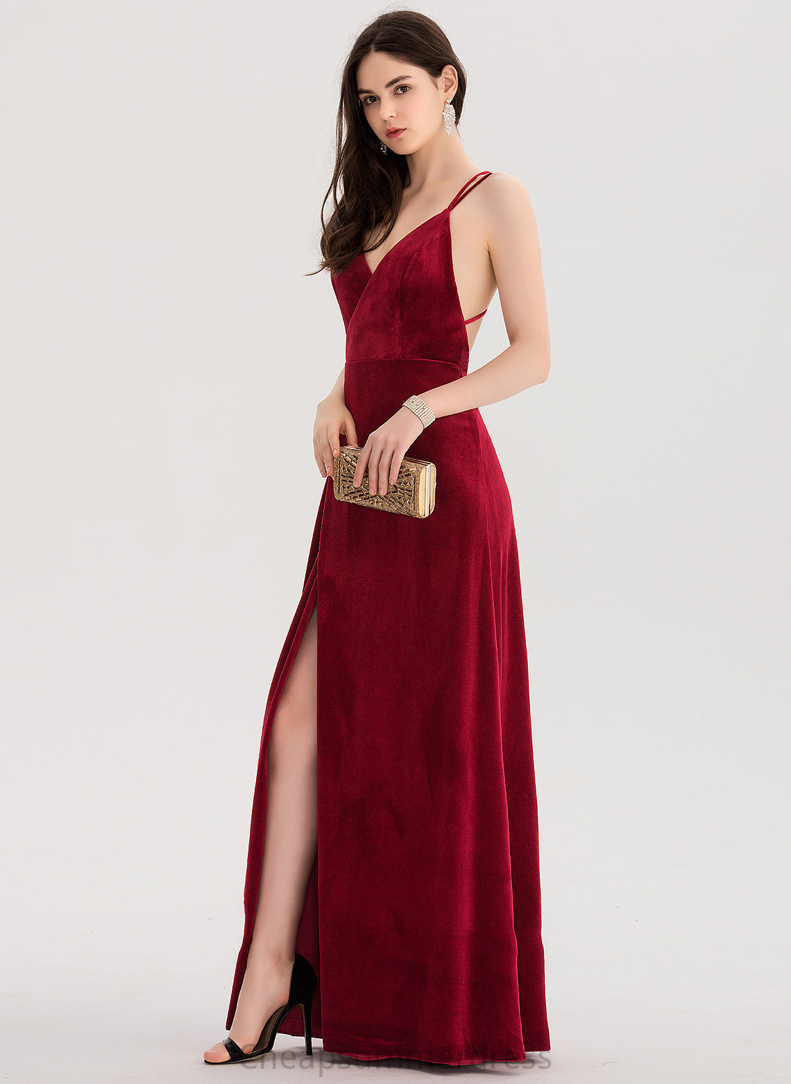 A-Line Prom Dresses Split Velvet With Front V-neck Kailyn Floor-Length