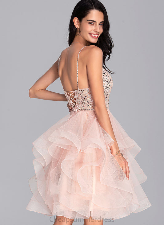 Prom Dresses Jaelynn Sequins With Ball-Gown/Princess Beading Tulle V-neck Knee-Length
