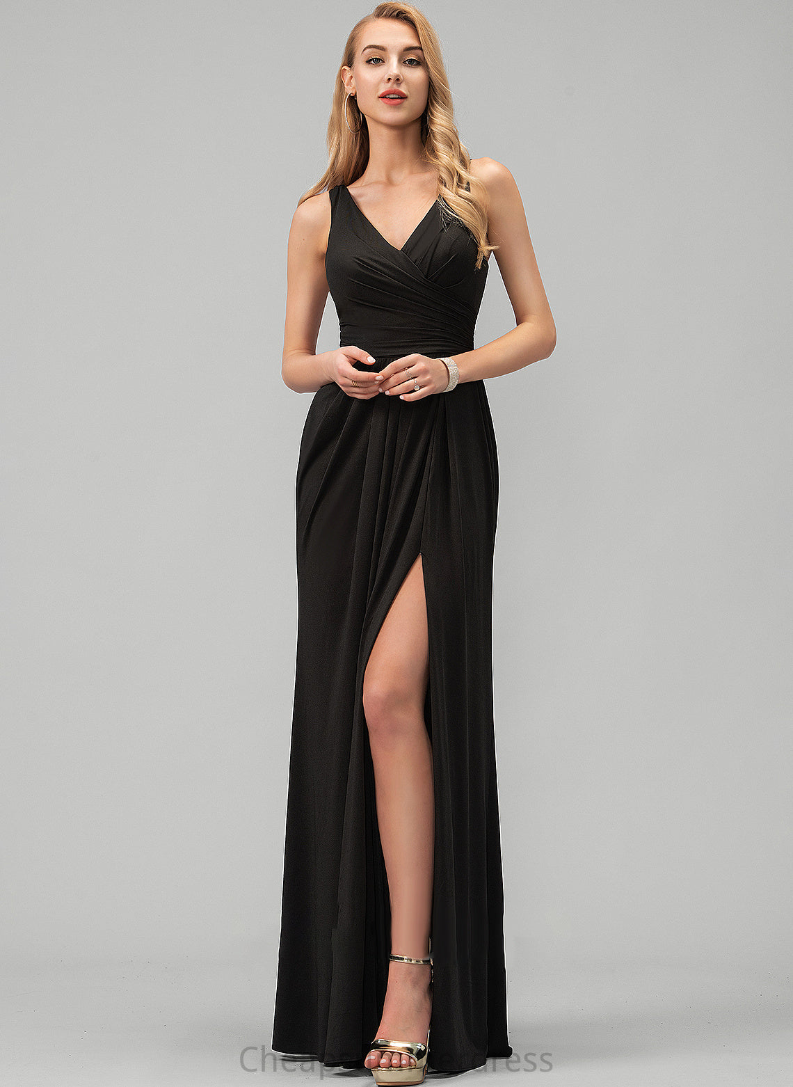 A-Line Front Split Jersey Prom Dresses Floor-Length Ruffle With V-neck Abigayle