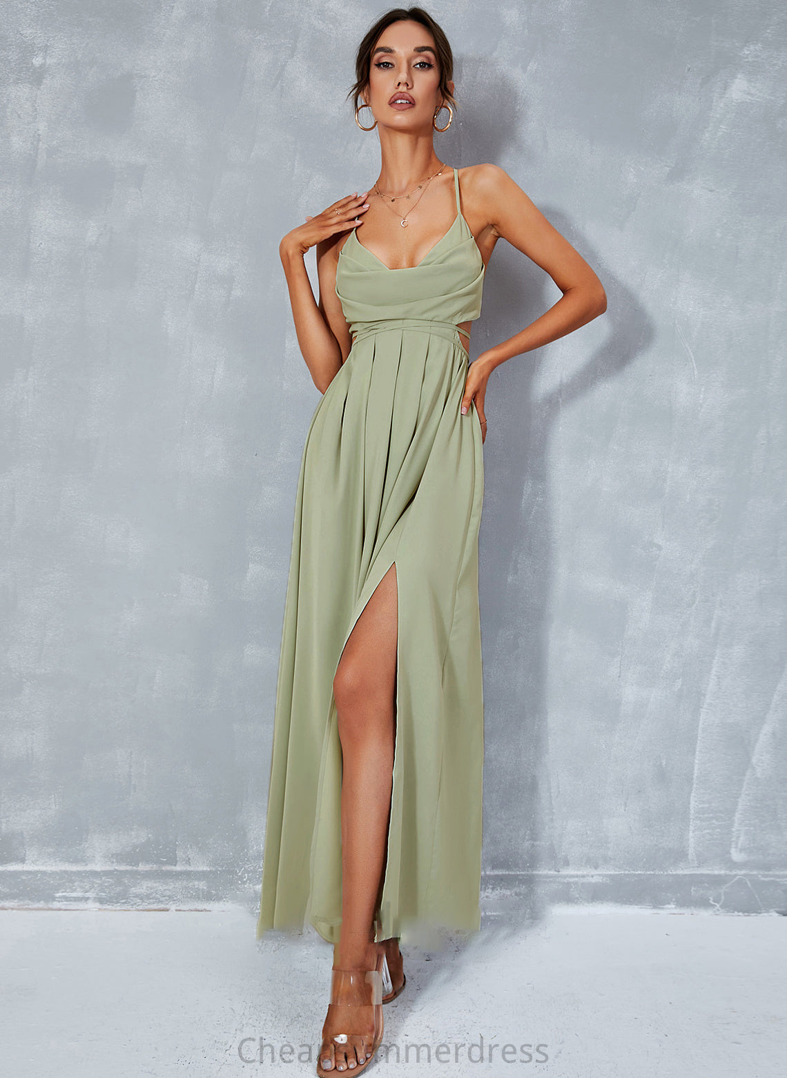 Front Prom Dresses Split Neck With A-Line Ankle-Length Greta Cowl