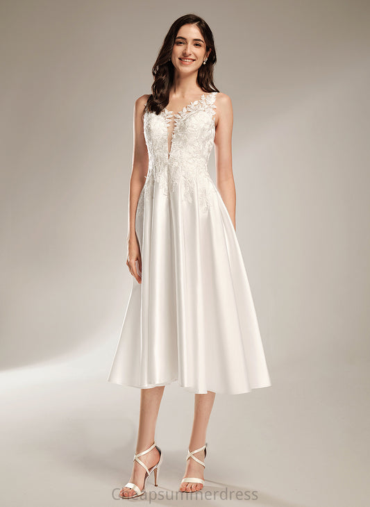 V-neck Tea-Length Lace Satin Wedding Dresses Dress Wedding Gladys A-Line