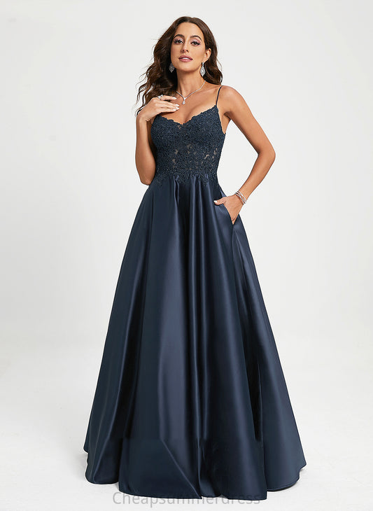 V-neck Satin Mariela Lace Prom Dresses With Floor-Length Sequins A-Line