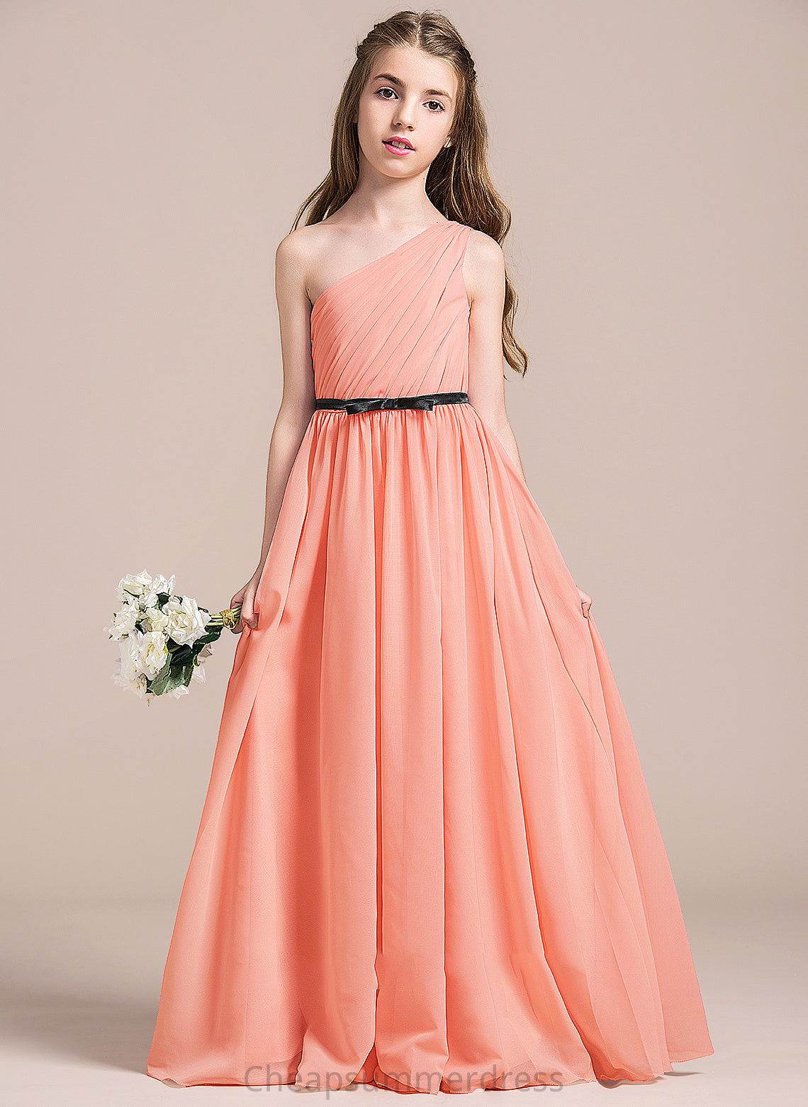 A-Line Arely One-Shoulder Bow(s) Chiffon Ruffle Floor-Length With Junior Bridesmaid Dresses