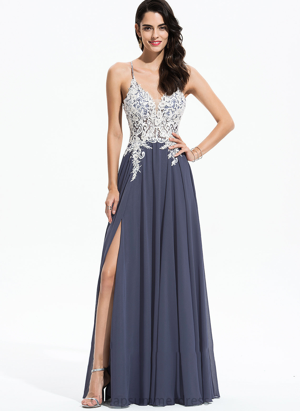 Prom Dresses Beading Amy Floor-Length Chiffon Front Lace With Split A-Line Sequins