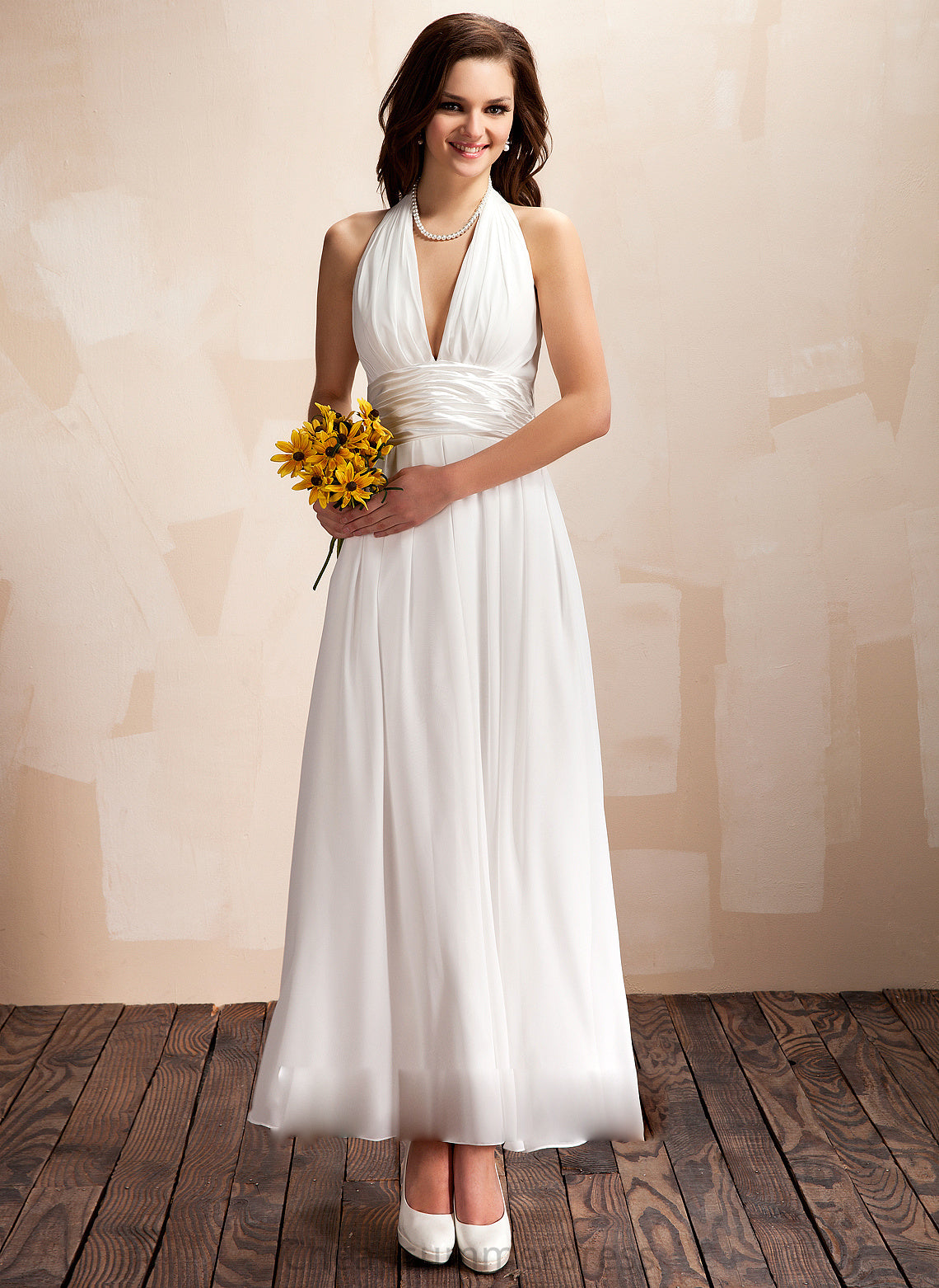 Chiffon Ankle-Length Wedding Dresses A-Line With Dress Halter Ruffle Wedding Princess Bow(s)