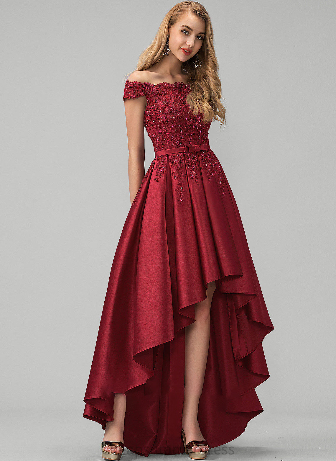 Asymmetrical Satin Sequins Prom Dresses Celeste Beading Off-the-Shoulder Bow(s) Lace Ball-Gown/Princess With