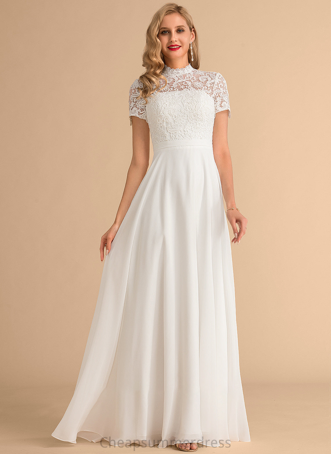 Floor-Length Lace High A-Line Ava Wedding Dresses Chiffon Dress Neck Wedding