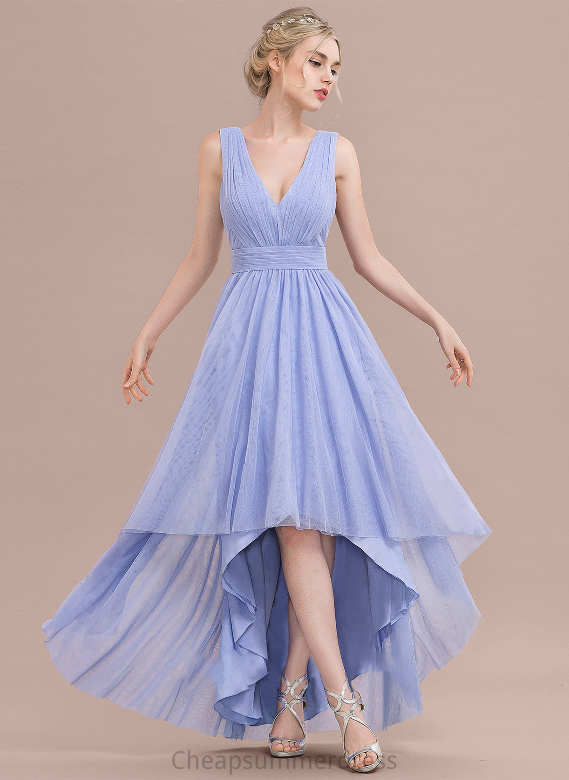 Tulle Asymmetrical Ball-Gown/Princess With Bailey Ruffle V-neck Prom Dresses