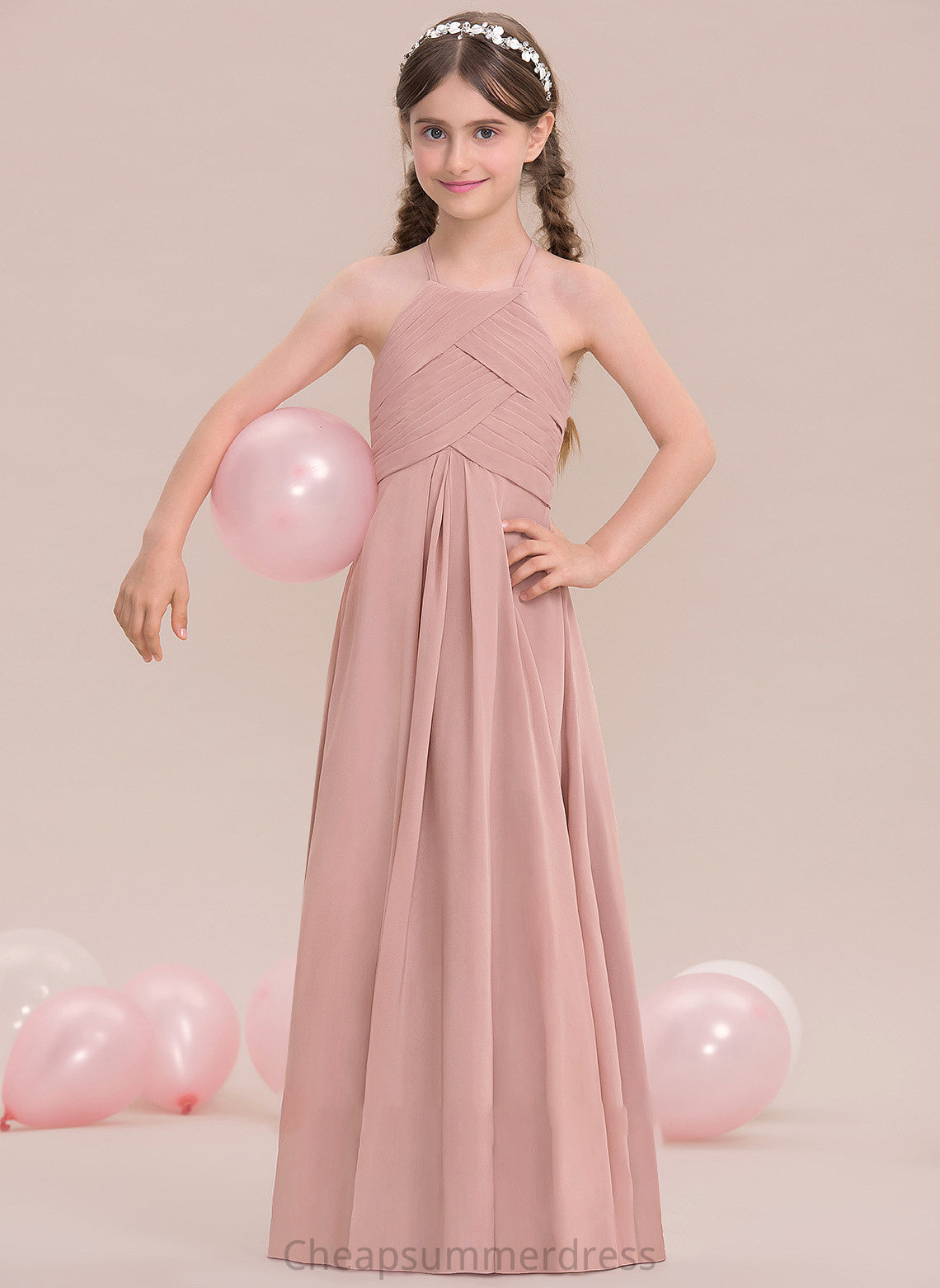 Junior Bridesmaid Dresses Floor-Length With Ruffle Cristal Scoop Chiffon Neck A-Line