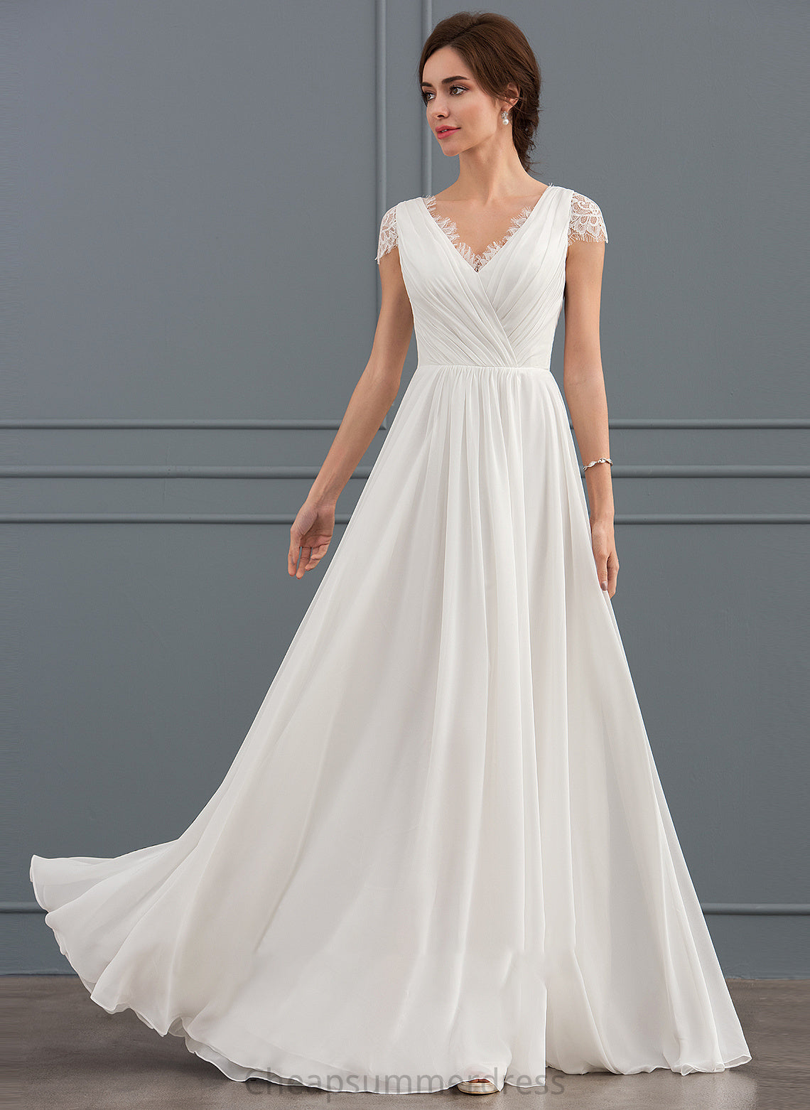Lace Ruffle Floor-Length V-neck Chiffon A-Line With Wedding Dresses Dress Emilee Wedding