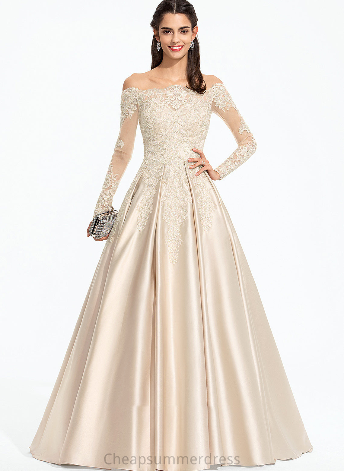 Satin With Sweep Off-the-Shoulder Ball-Gown/Princess Sequins Prom Dresses Train Felicity