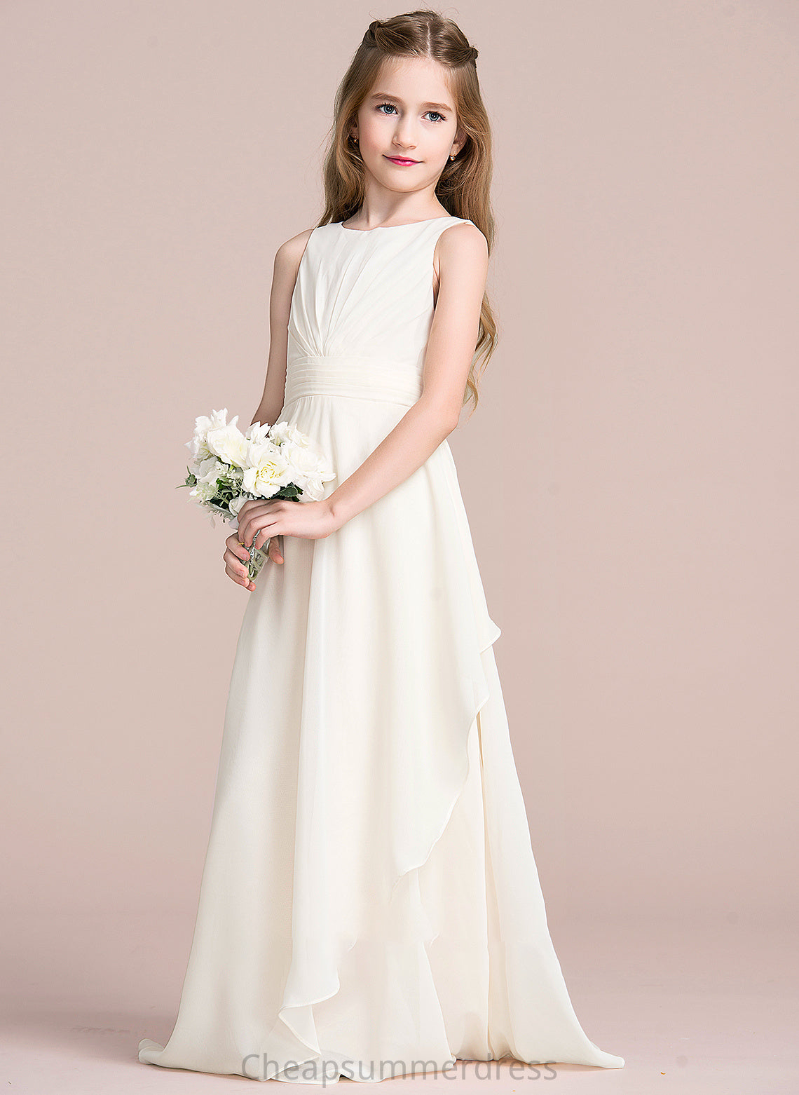 Scoop Floor-Length Wendy With Cascading Neck A-Line Junior Bridesmaid Dresses Ruffles Chiffon