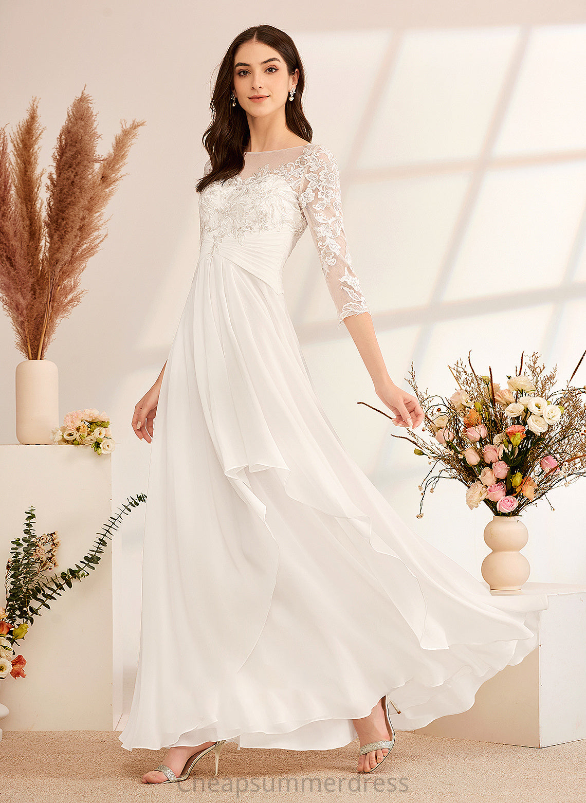 Illusion Floor-Length Wedding Dresses Wedding Ruffle Sariah Dress A-Line Beading With