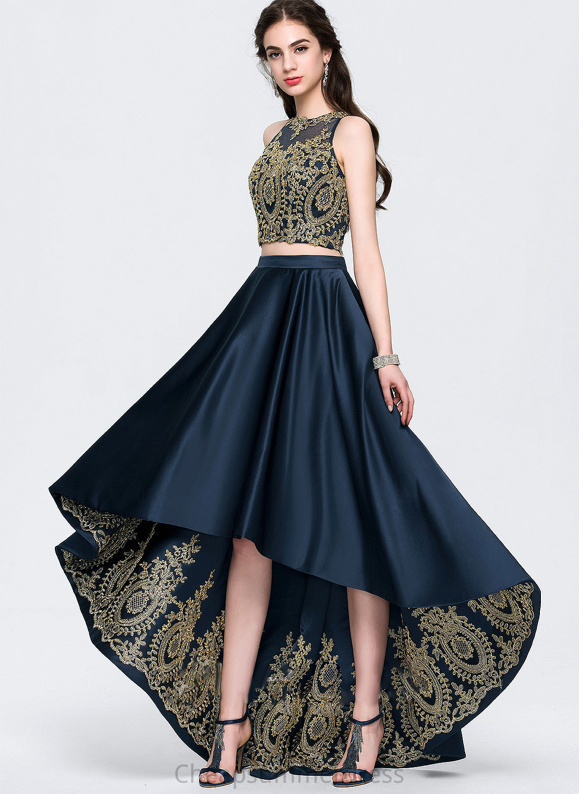 Beading Neck A-Line Satin Asymmetrical Lace Prom Dresses Saniya Scoop With Sequins
