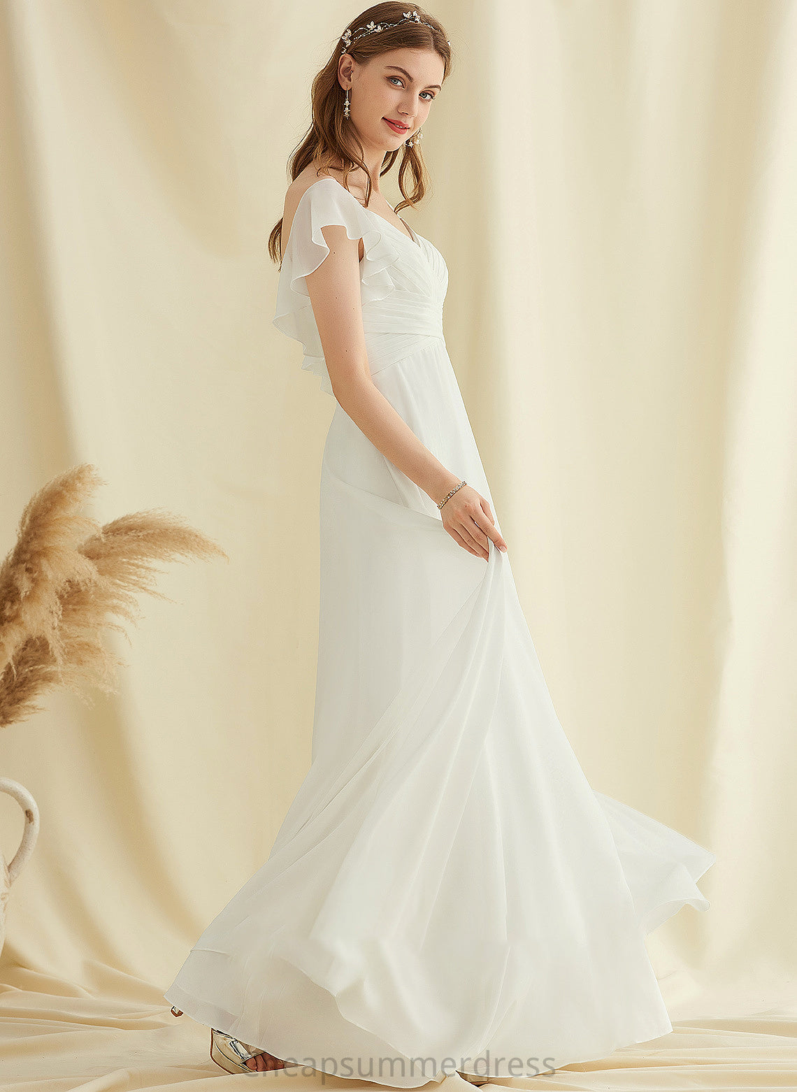 V-neck Floor-Length Dress With Ruffle A-Line Wedding Dresses Wedding Elyse Chiffon
