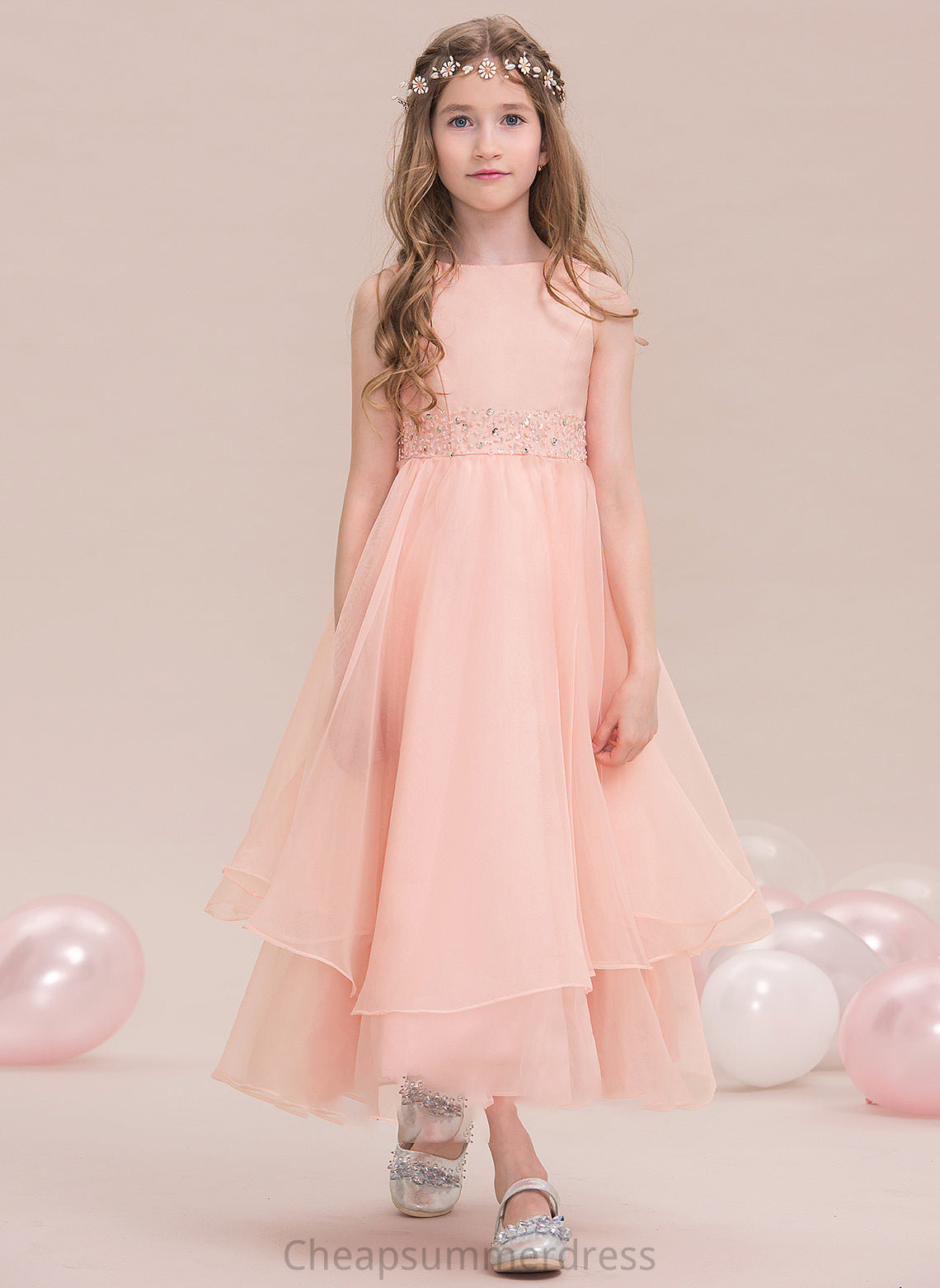Neck Beading Scoop A-Line Organza Kristin Junior Bridesmaid Dresses Sequins With Ankle-Length