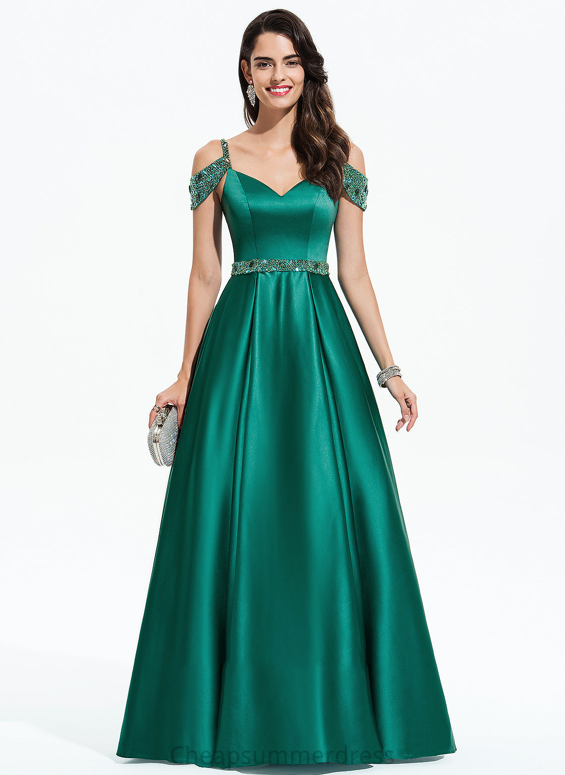V-neck Ball-Gown/Princess Shannon Satin Floor-Length With Beading Sequins Prom Dresses