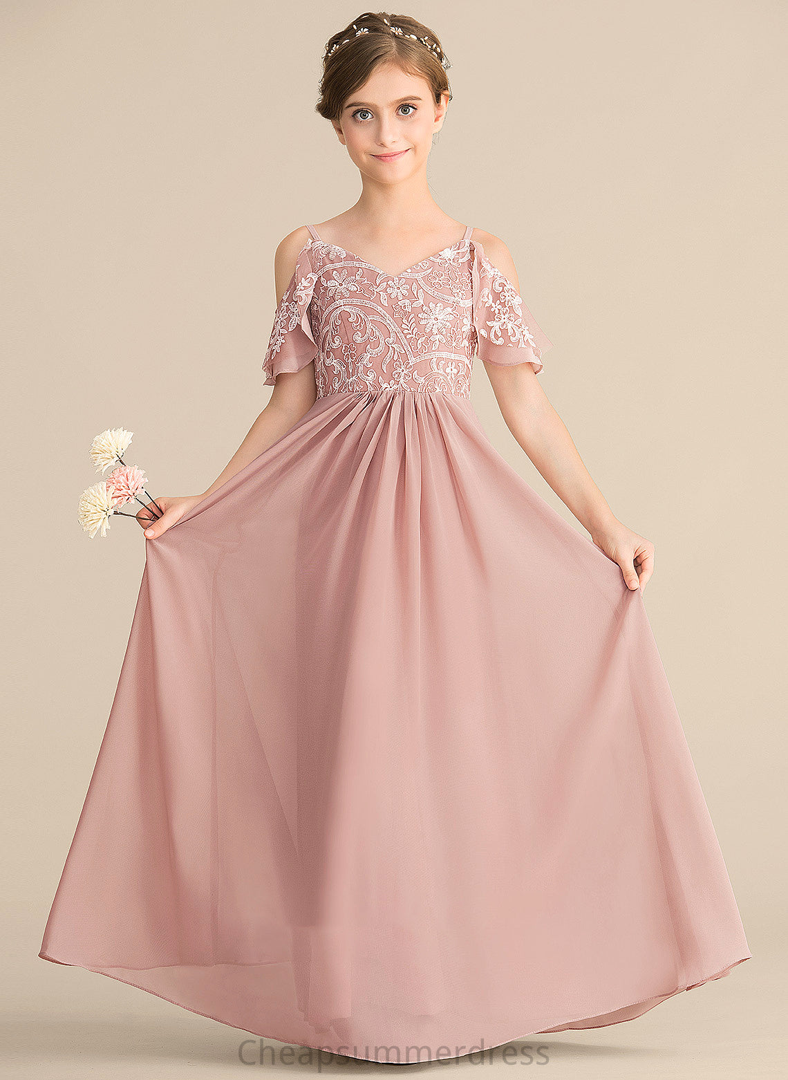 Chiffon Finley Floor-Length V-neck A-Line Junior Bridesmaid Dresses Lace