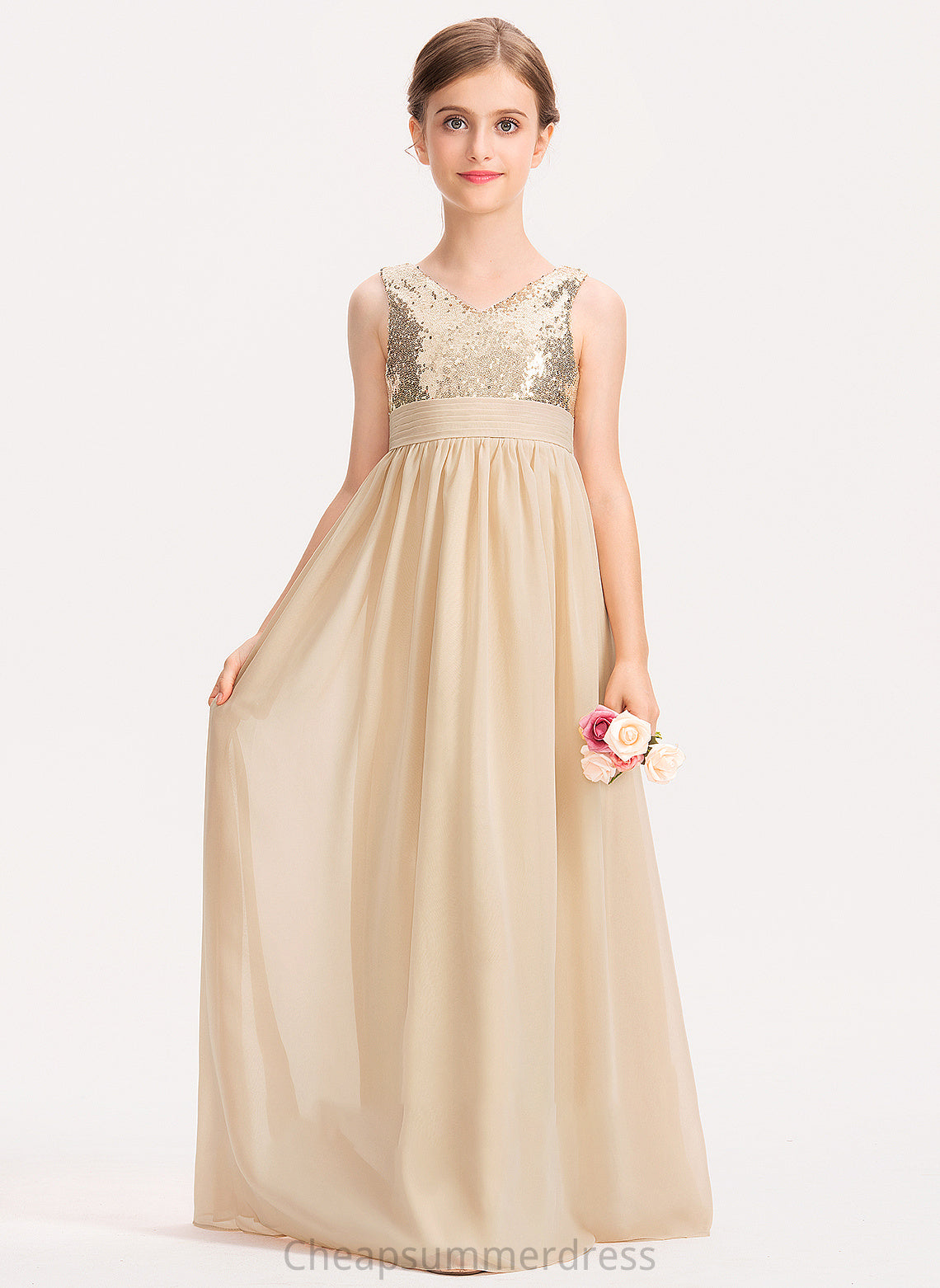V-neck Junior Bridesmaid Dresses With A-Line Sequined Ruffle Floor-Length Clarissa Chiffon
