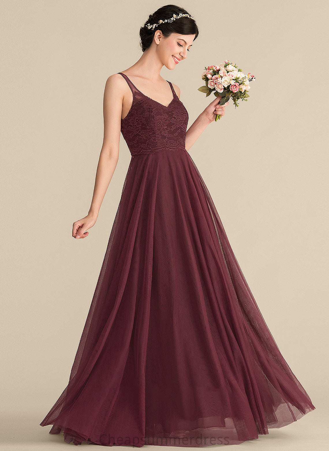 Fabric A-Line Length V-neck Lace Silhouette Straps Neckline Floor-Length Tulle Meredith A-Line/Princess
