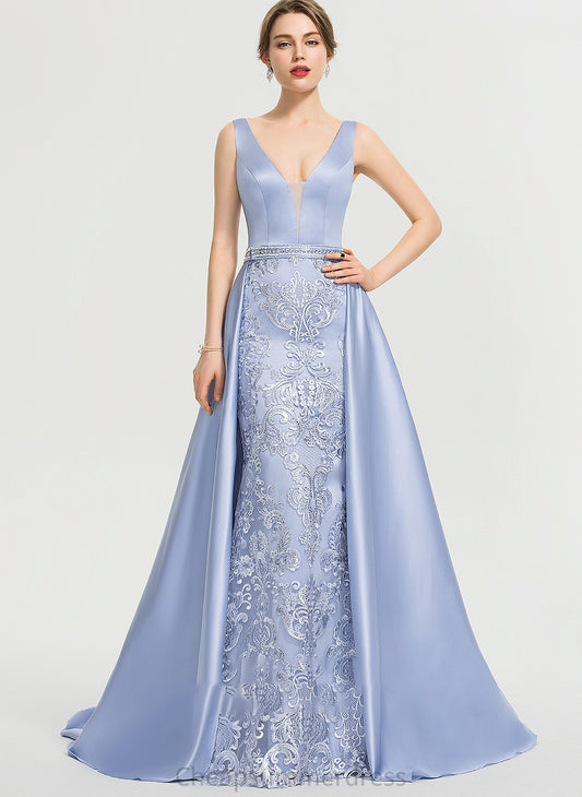 Sweep With V-neck Sequins Satin Adalynn Ball-Gown/Princess Beading Prom Dresses Train