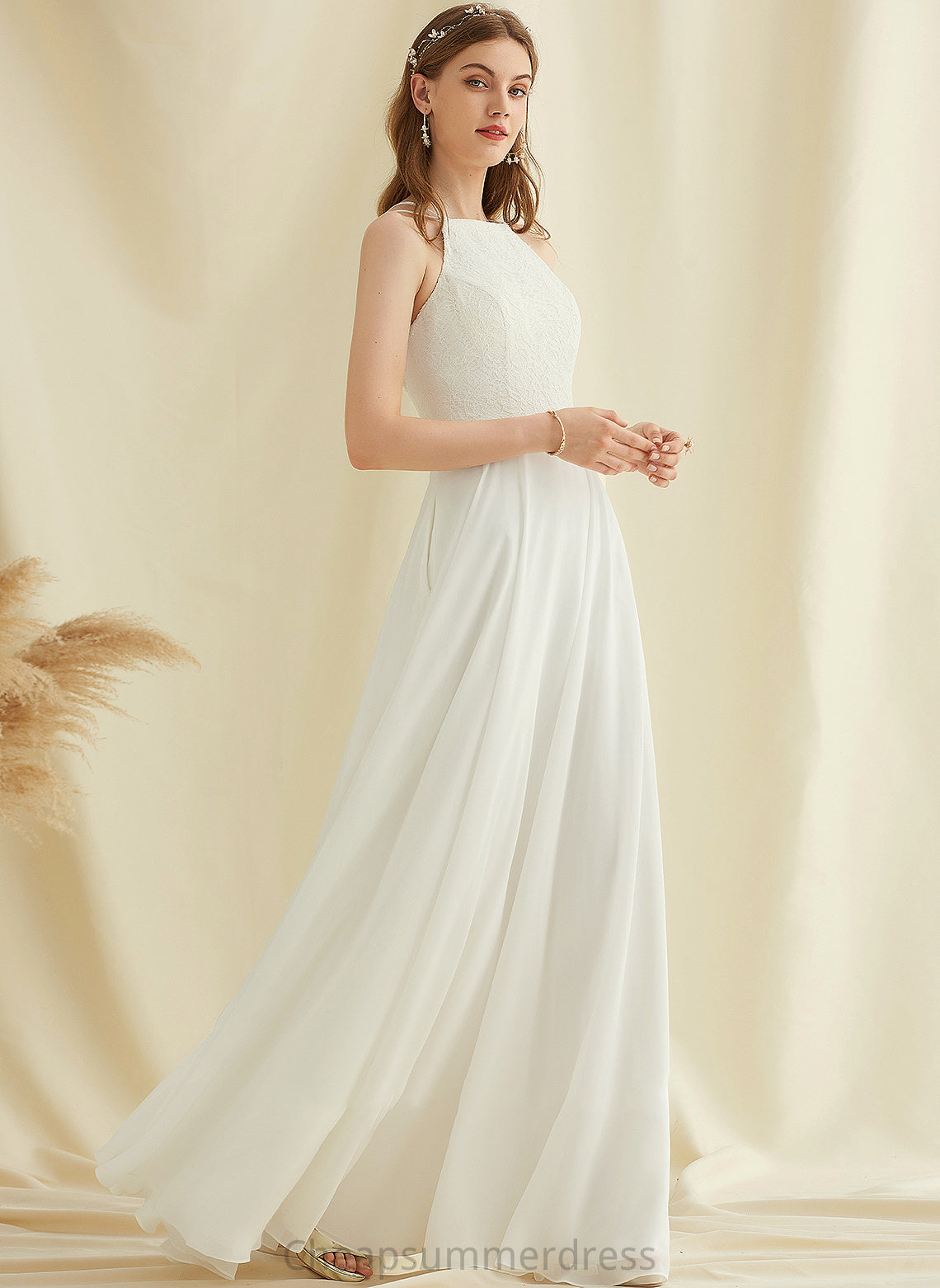 Scoop Wedding A-Line With Wedding Dresses Pockets Lace Floor-Length Simone Neck Dress Chiffon