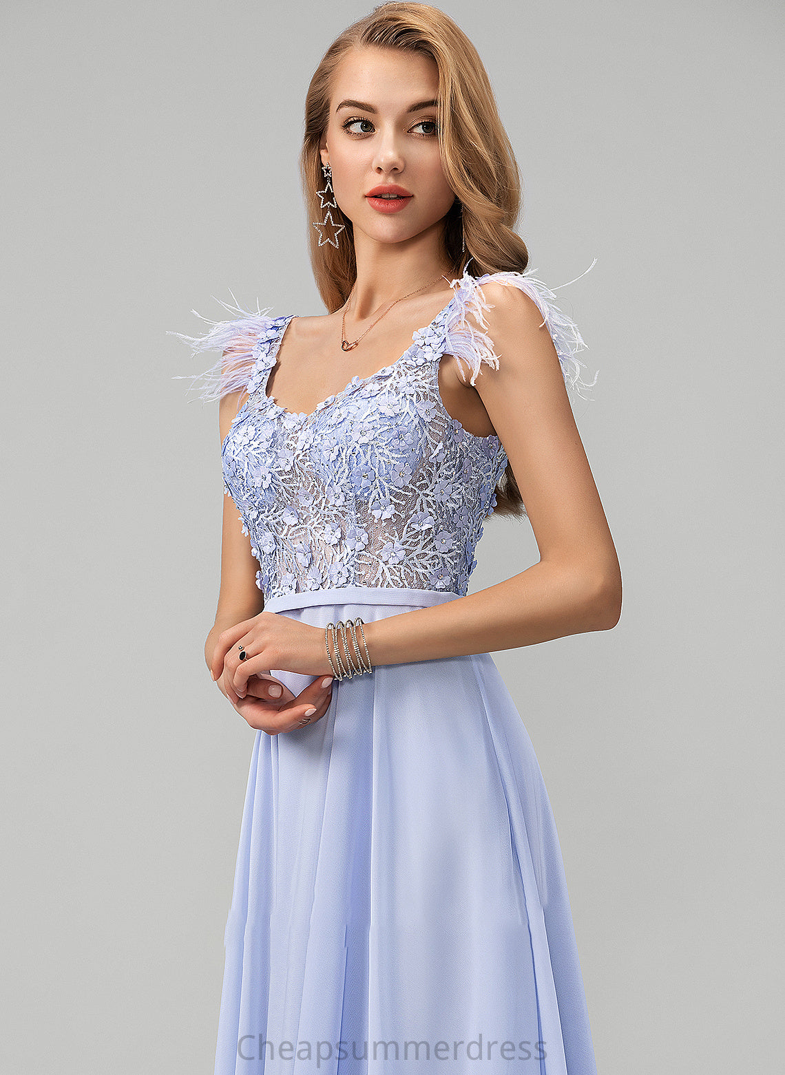 Floor-Length Chiffon Feather V-neck With Flower(s) Prom Dresses Juliet Sequins A-Line Beading Lace
