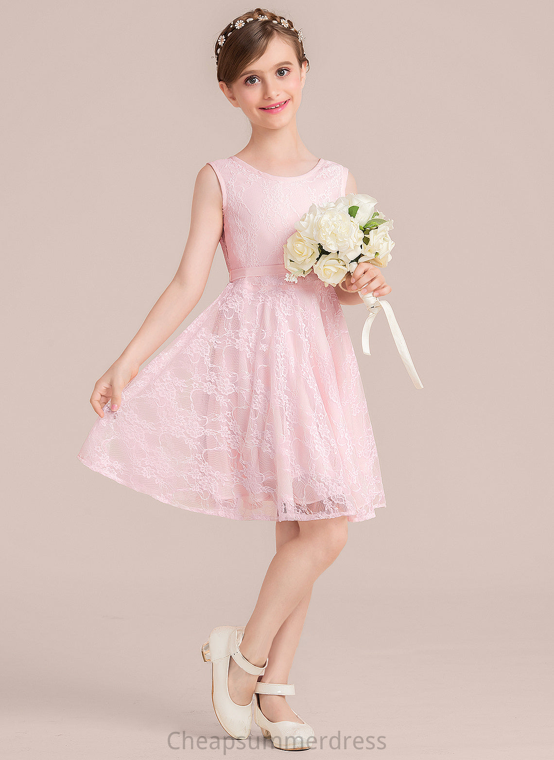 A-Line Bow(s) Sash Dulce Scoop With Neck Lace Knee-Length Junior Bridesmaid Dresses