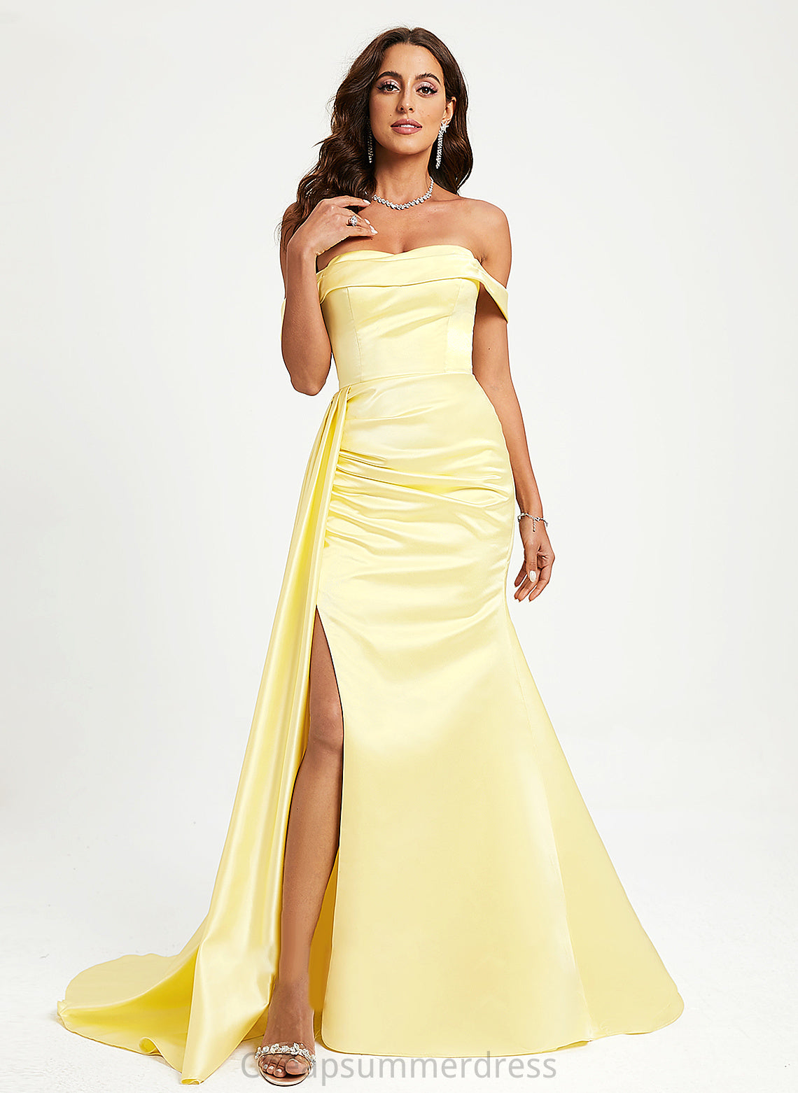 Sweep Alaina Ruffle Off-the-Shoulder Train Trumpet/Mermaid With Prom Dresses Satin