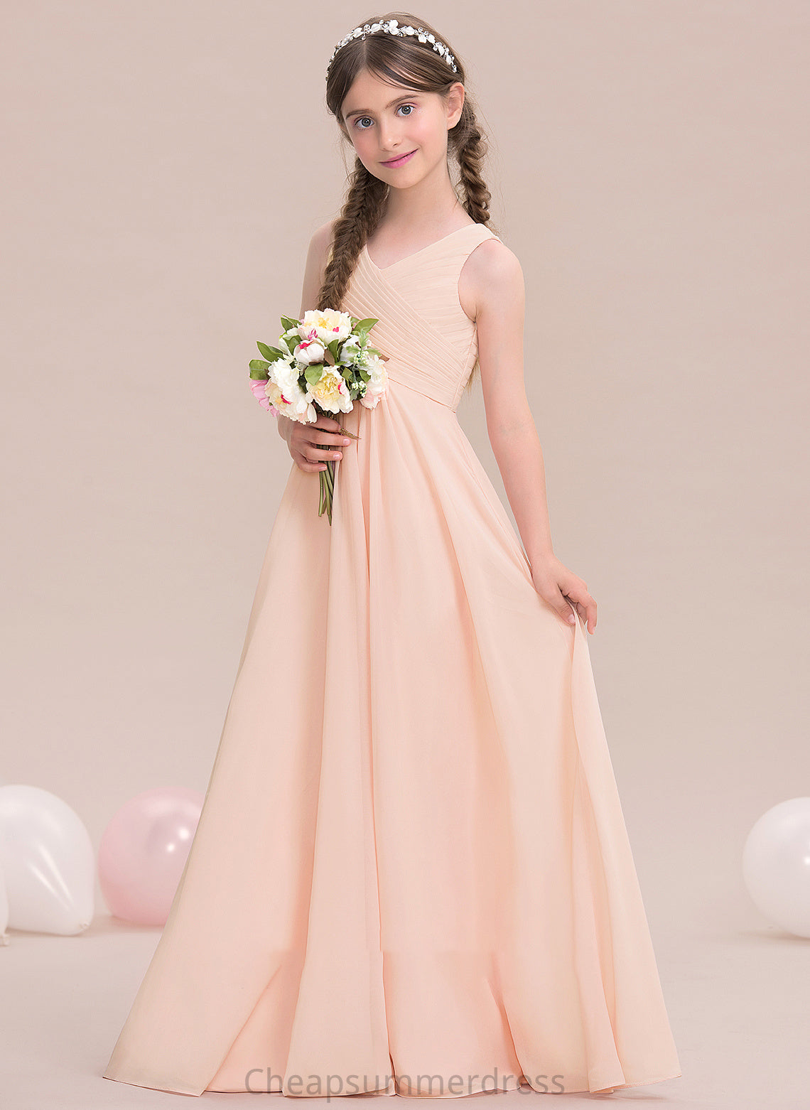 With Chiffon V-neck Floor-Length Junior Bridesmaid Dresses A-Line Kelly Ruffle