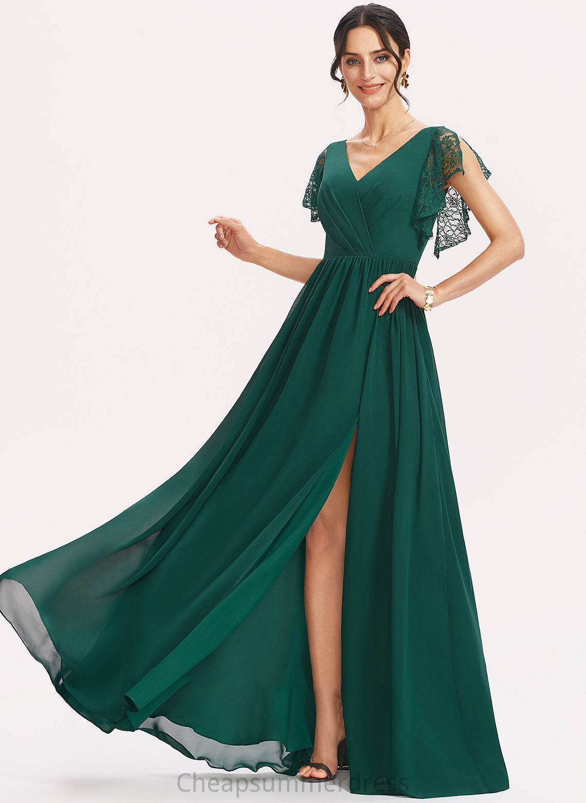 Neckline V-neck SplitFront A-Line Floor-Length Fabric Length Silhouette Lace Embellishment Dayami A-Line/Princess