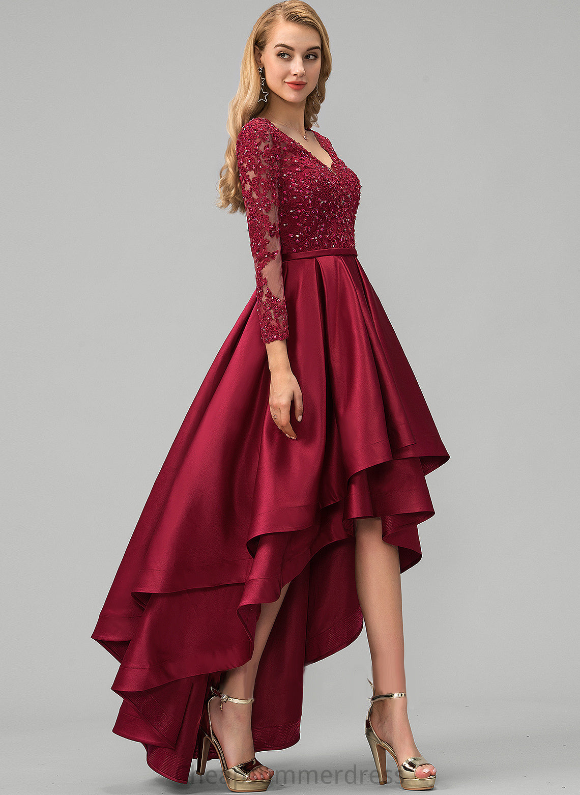 Alice With Satin Prom Dresses Lace V-neck Asymmetrical Sequins Beading Ball-Gown/Princess