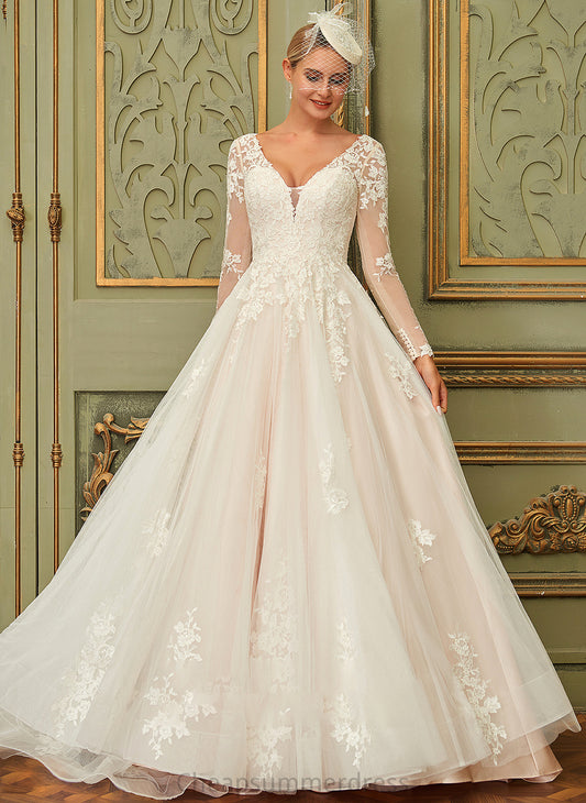 Ball-Gown/Princess Sweep Train Wedding Maliyah Tulle Wedding Dresses Lace V-neck Dress