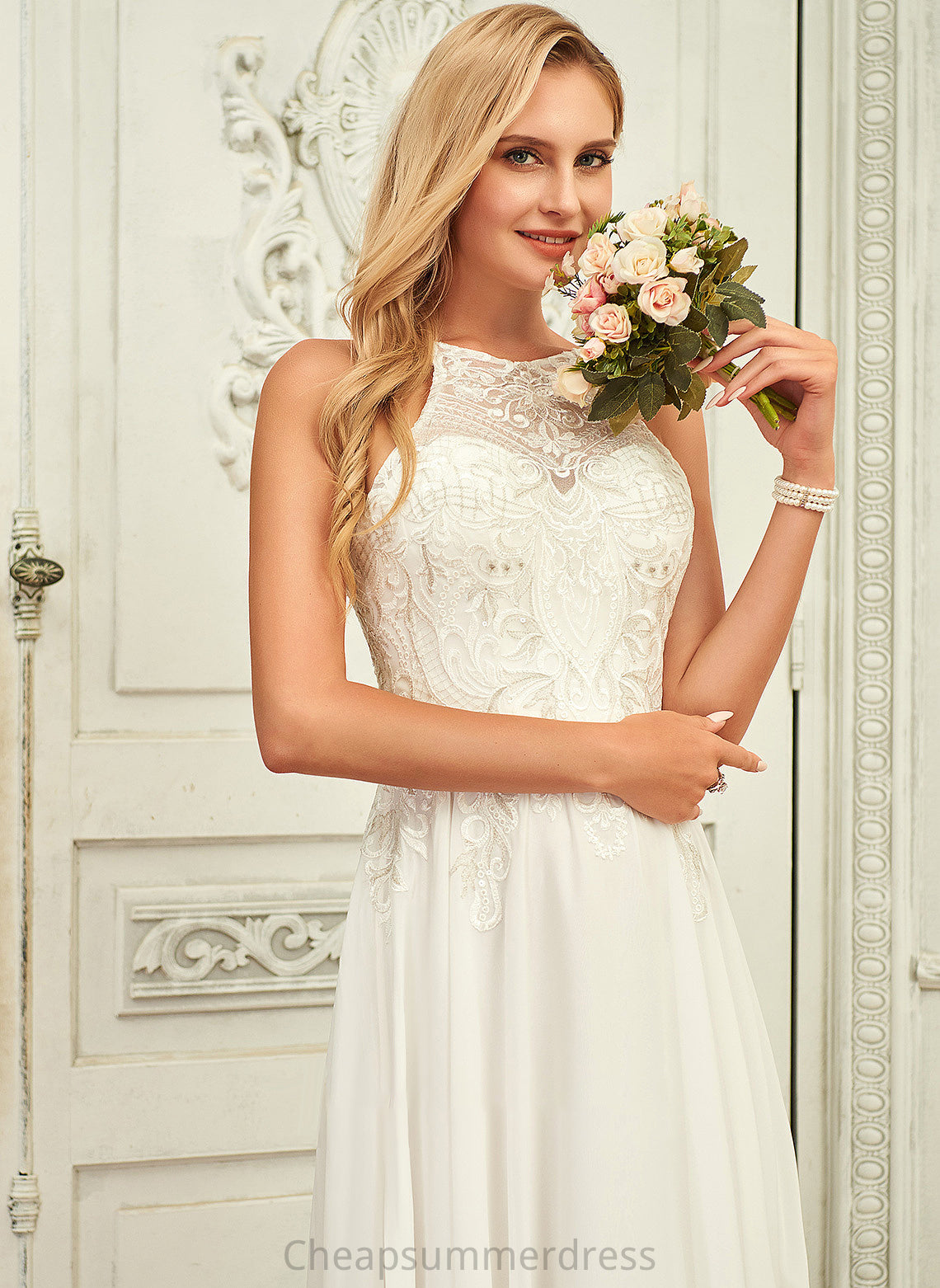 A-Line Wedding Dresses Lace Wedding Floor-Length Dress Scoop Chiffon Neck Carmen